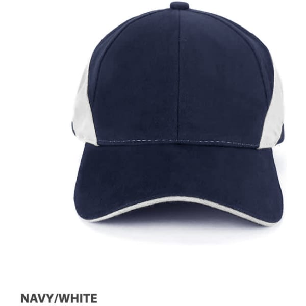 A two-layer sandwich cap in navy blue and white with a structured design and logo.