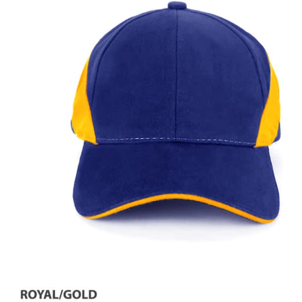 A royal blue and gold cap with a structured design and a logo on the front.