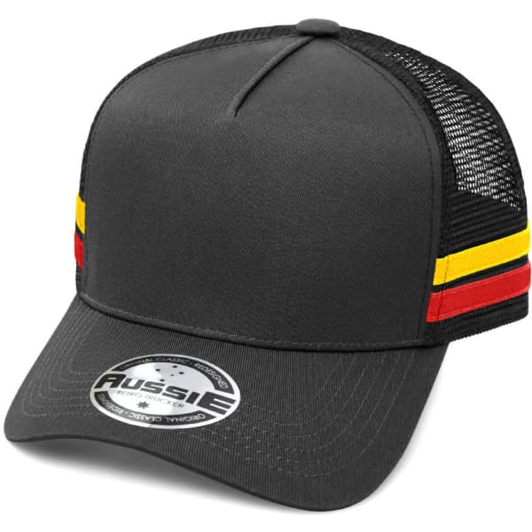 A grey A-Frame Striped Trucker Cap featuring red and yellow stripes with a mesh back and a logo.