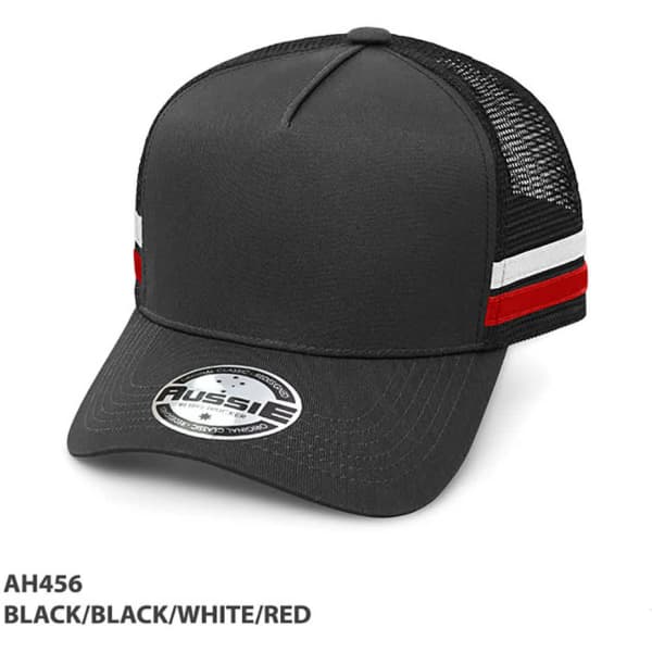 A black, striped A-Frame trucker cap featuring a mesh back and a logo on the front.