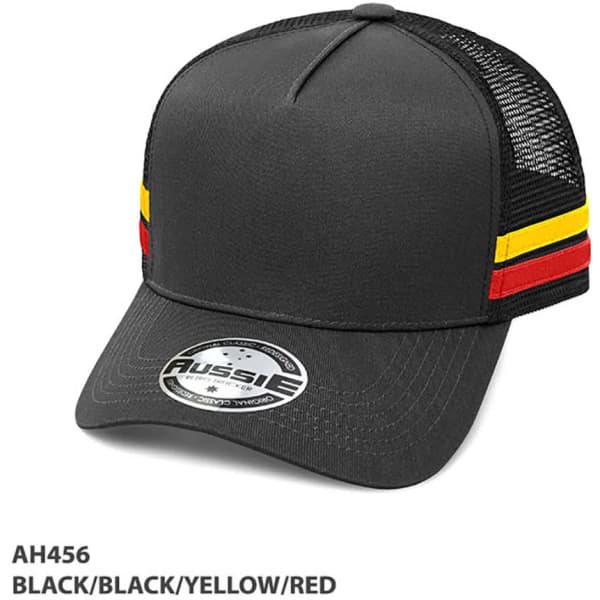 A black trucker cap featuring yellow and red stripes, with a mesh back and a logo on the front.