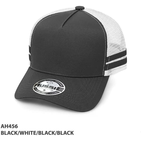 A black and white striped trucker cap featuring a mesh back and a branded logo.