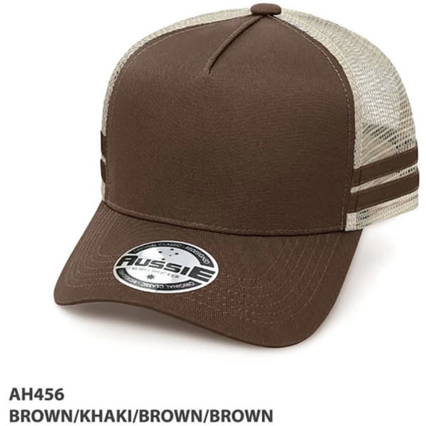 A brown and khaki A-Frame striped trucker cap with a mesh back and a circular logo on the front.