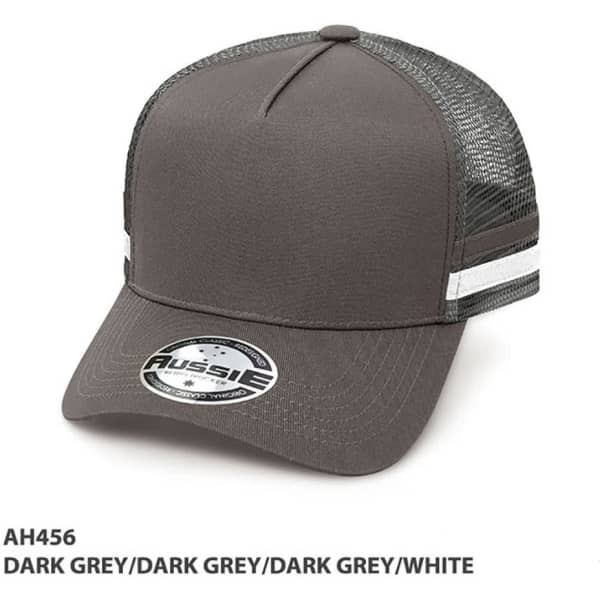 A dark grey trucker cap with a striped design and mesh back, featuring a logo on the front.