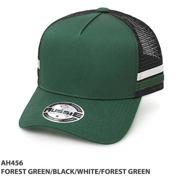 A trucker cap in forest green, black, and white featuring a logo and striped design on the front.