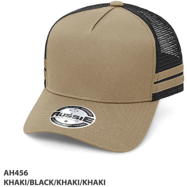 A khaki and black striped trucker cap with a mesh back and a logo on the front.