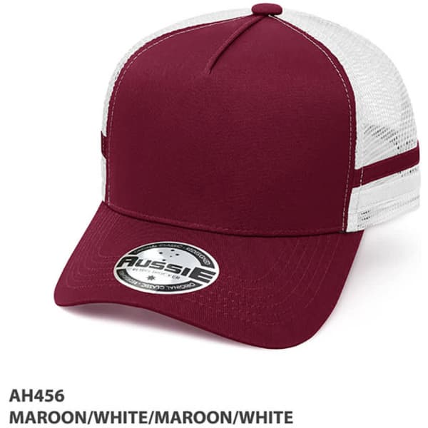 A maroon trucker cap with white mesh panels and a logo, featuring a solid maroon front.