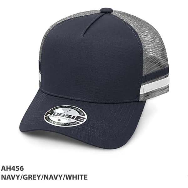 A navy and grey striped trucker cap featuring a mesh back and a logo on the front.