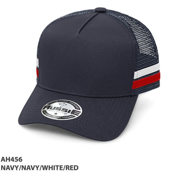 A navy trucker cap featuring striped accents in white and red, with a mesh back and a logo on the front.