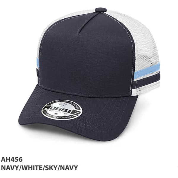 A navy and white striped trucker cap with a blue accent and a logo on the front.