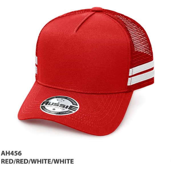 A red A-Frame striped trucker cap with white stripes and a mesh back, featuring a logo on the front.
