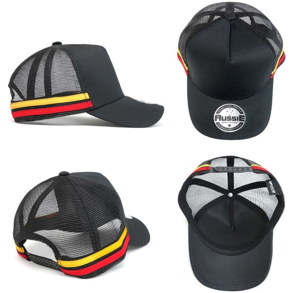 A black trucker cap featuring a mesh back and striped red and yellow detailing, with a logo on the front.