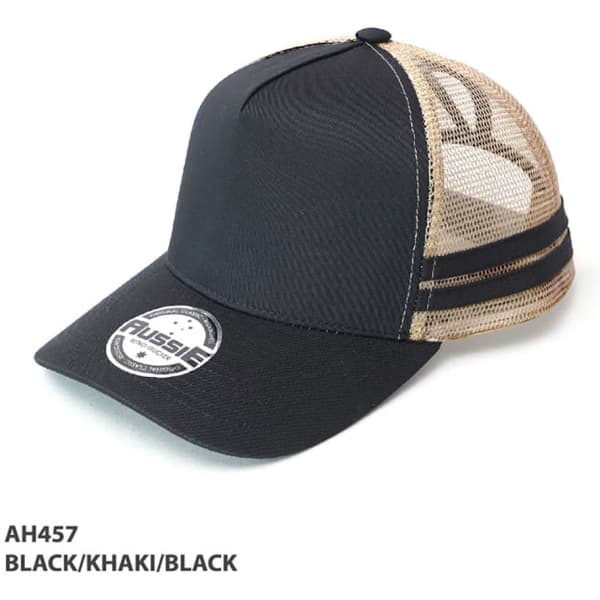 A black and khaki ponytail cap with mesh panels and a logo.