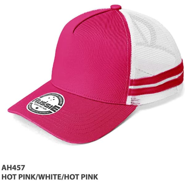A hot pink cap with a white mesh back and three red stripes, featuring a circular logo.