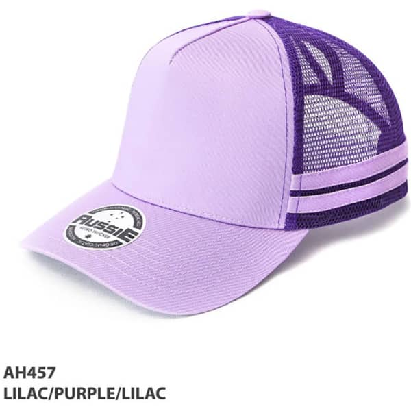 A lilac and purple cap with a mesh back and a logo on the front. Features two purple stripes on the sides.