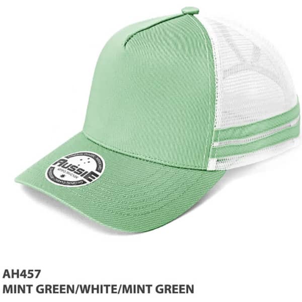 A mint green cap with white mesh sides and a round logo on the front.
