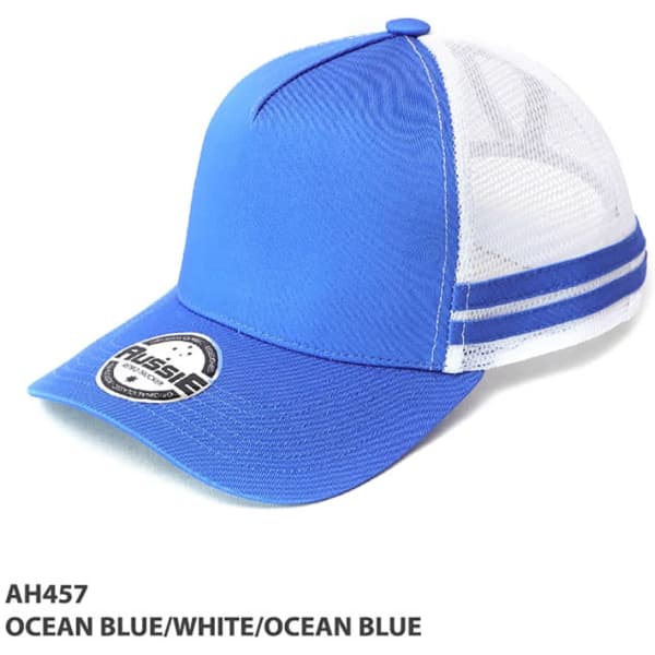 A blue cap with a mesh back, featuring two white stripes and a logo on the front.