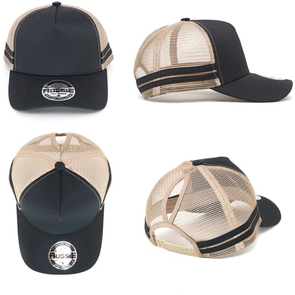 A black and tan Ponytail Cap featuring mesh panels and a circular logo on the front.