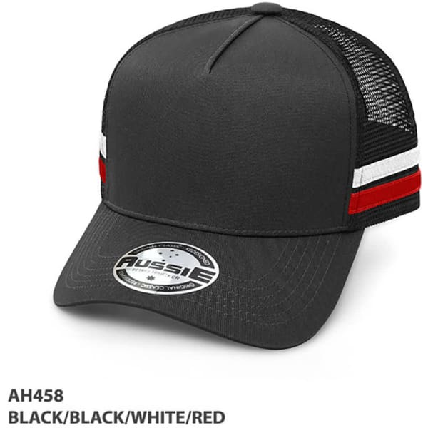 A black A-Frame striped trucker cap with white and red stripes, featuring a branded logo and mesh back.