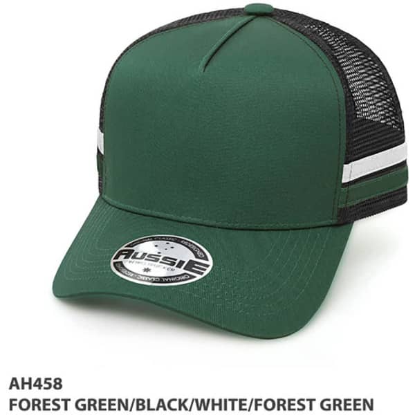 A forest green trucker cap with black mesh panels and white stripes. It features a logo on the front.