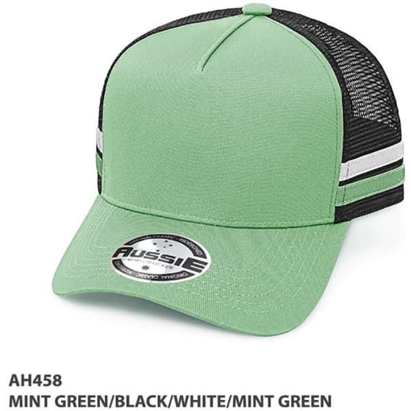 A mint green trucker cap with black mesh sides and white striped details, featuring a logo on the front.