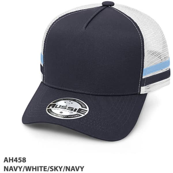 A navy and white striped trucker cap with a mesh back and a logo on the front.