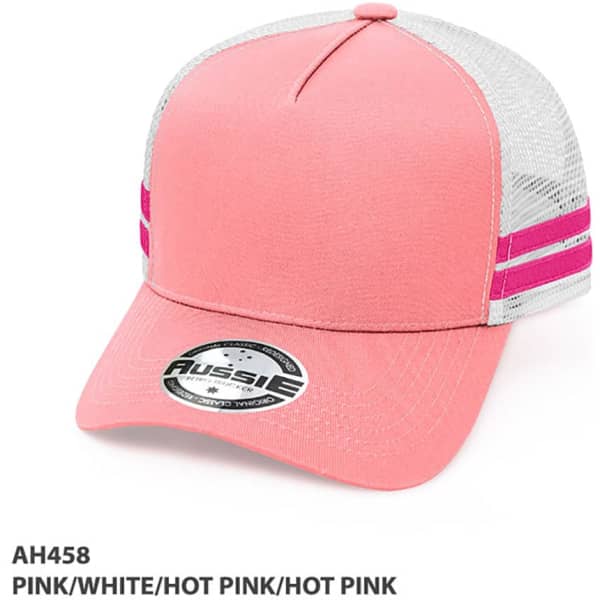 A pink and white trucker cap with hot pink stripes and a logo on the front.