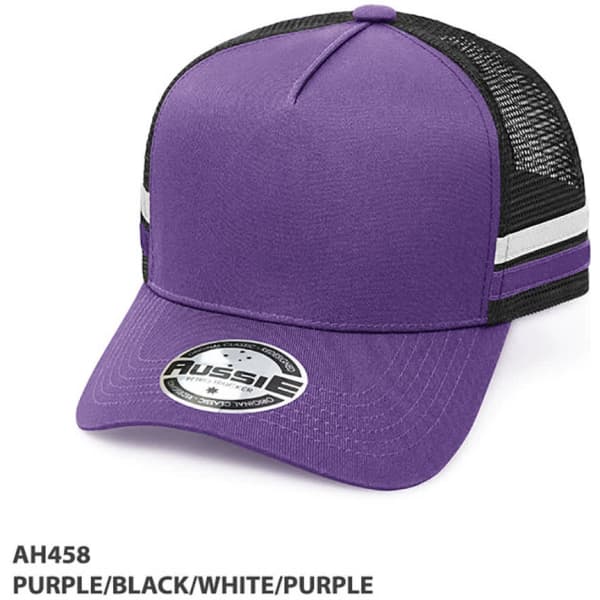 A purple, black, and white striped trucker cap with a logo on the front and mesh panels.