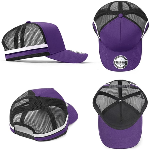 A purple and black striped trucker cap featuring mesh panels and a logo. The cap displays a classic A-frame design.