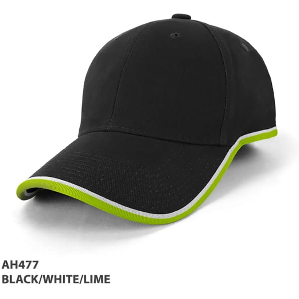 A black cap with lime green accents and a white trim, featuring a logo on the front.