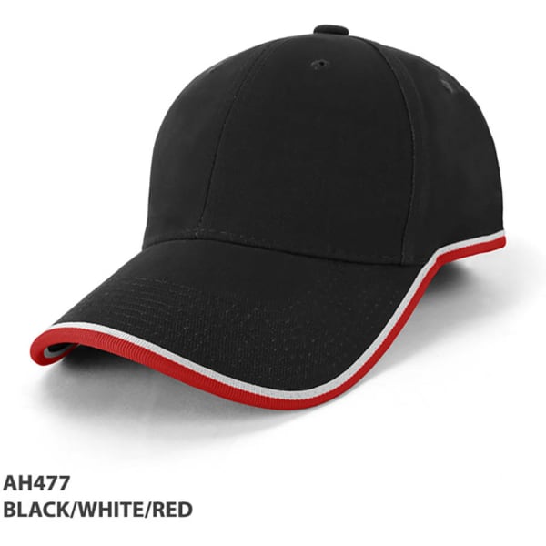 A black cap with white and red trim and a logo on the front.