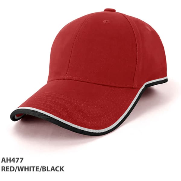 A red cap with white and black accents, featuring a curved brim and a logo.