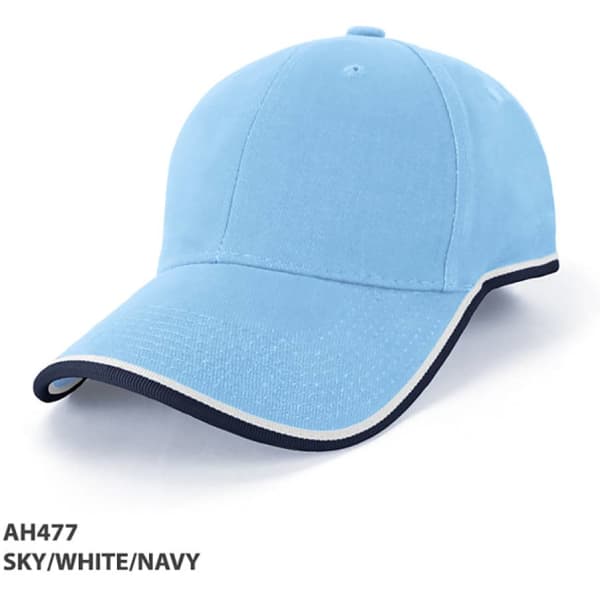 A cap in sky blue with white and navy accents, featuring a logo. Ideal for headwear collections.