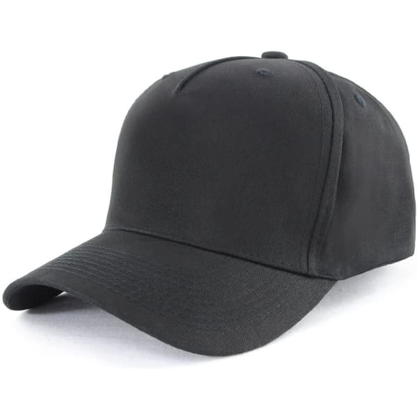 A black 5-panel cap made of 100% cotton, featuring a plain design and a logo on the front.