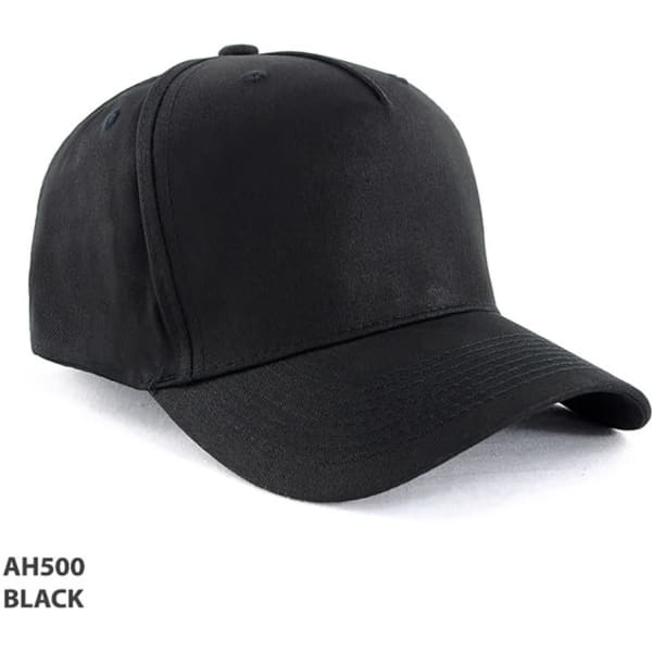 A black 5-panel cap made from 100% cotton, featuring a logo on the front.