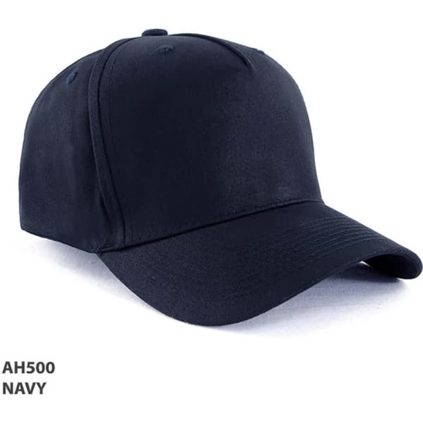 A navy 5-panel cap made of 100% cotton, featuring a solid design and a logo on the front.