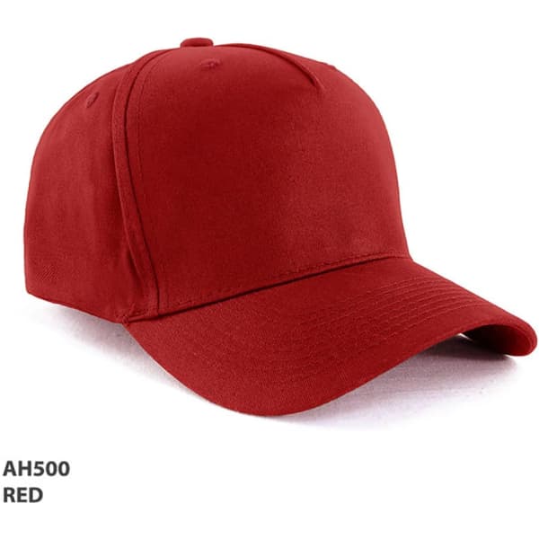 A red 5-panel cap made from 100% cotton, featuring a logo on the front.