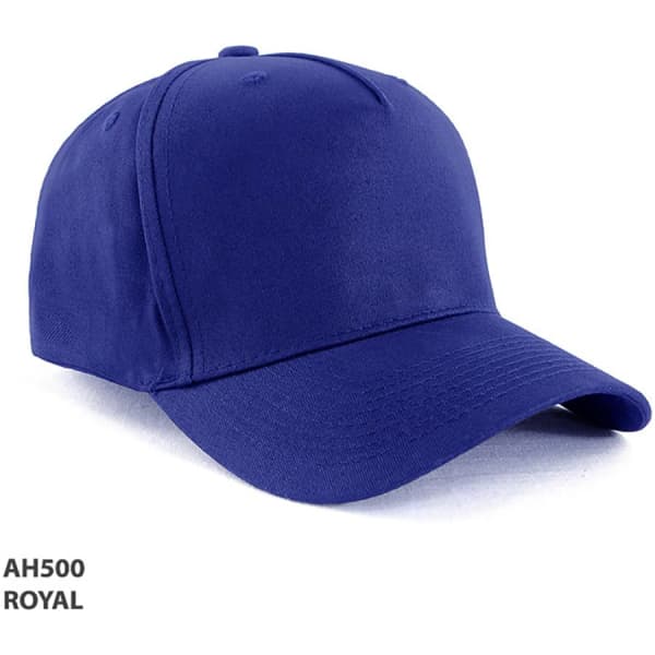 A royal blue 5-panel cap made of 100% cotton, featuring a logo on the front.