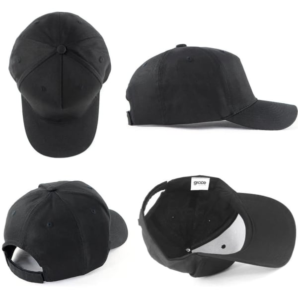 A black 5-panel cap made of 100% cotton, featuring a branding logo and multiple viewing angles.
