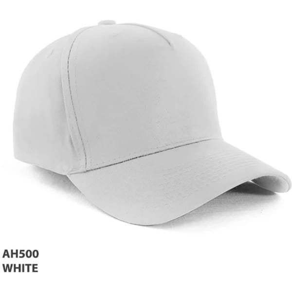 A white 5-panel cap made from 100% cotton, featuring a logo on the front.