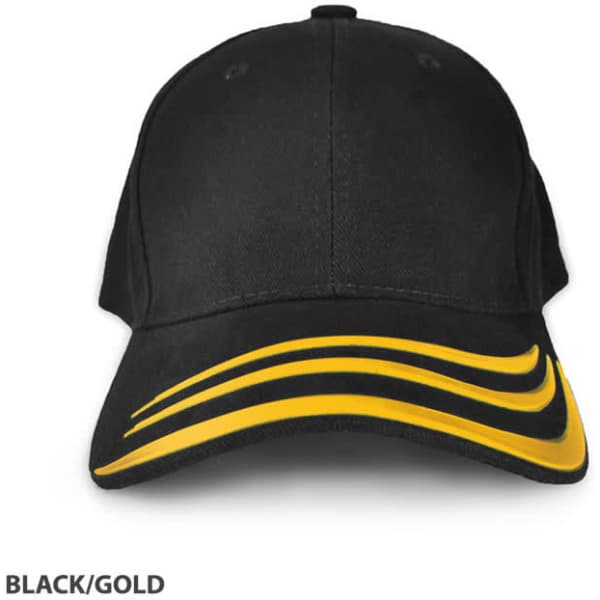 A cap in black and gold, featuring curved yellow stripes and a logo on the front.