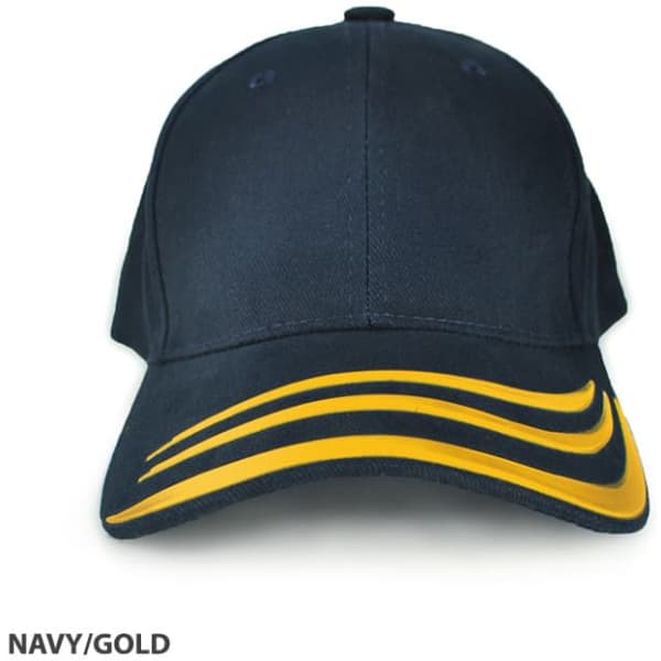 A navy cap with gold detailing and a logo on the front. It features curved stripes on the brim.