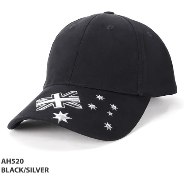 A black cap featuring a logo and Australian flag design, adorned with stars on the brim.