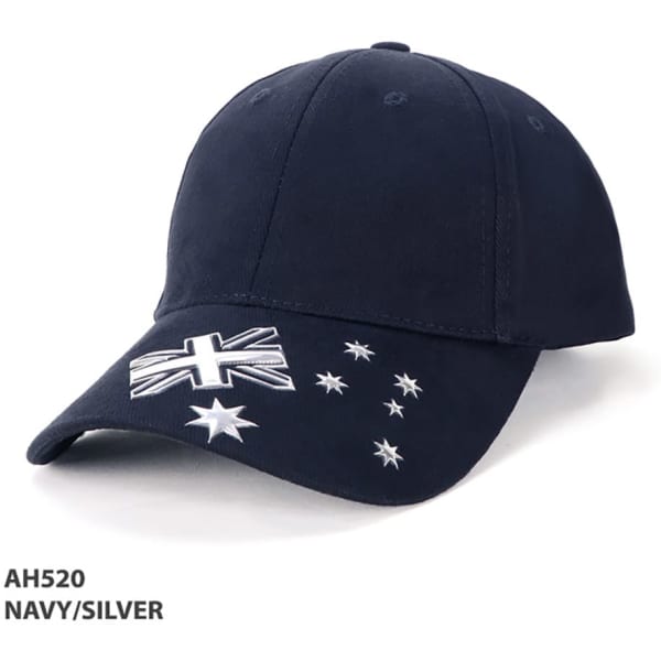 A navy cap featuring a silver star design and an Australian flag logo on the front.
