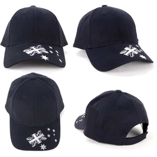 A navy blue cap featuring a logo and star design, displayed from multiple angles.