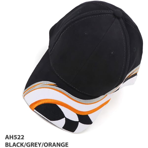 A black, grey, and orange cap with a distinctive design and a logo on the front.