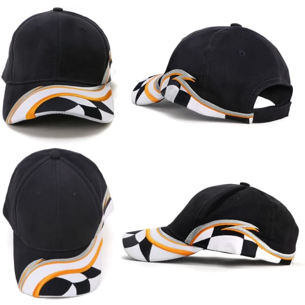 A black cap featuring a checkered design and orange accents on the brim, with a logo displayed.