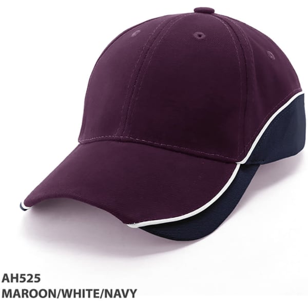 A maroon cap with white and navy accents, featuring a logo on the side.