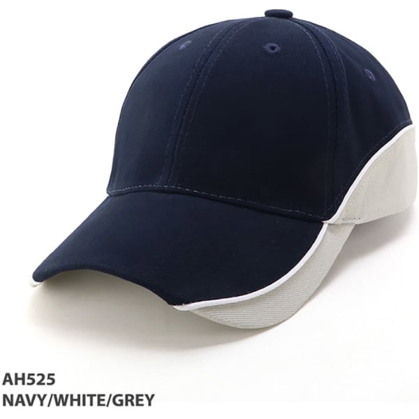 A navy, white, and grey cap featuring a structured design and a logo on the front.