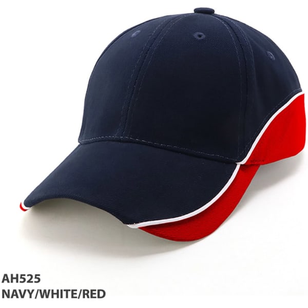 A navy, white, and red cap with a logo, featuring a classic design and contrasting side panels.